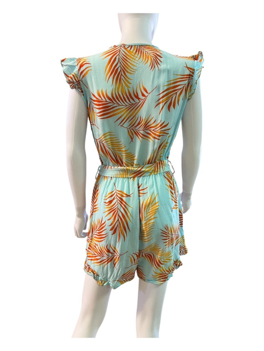 EUC Cupshe teal orange tropical leaf flutter sleeve romper | size M - Picture 4 of 9